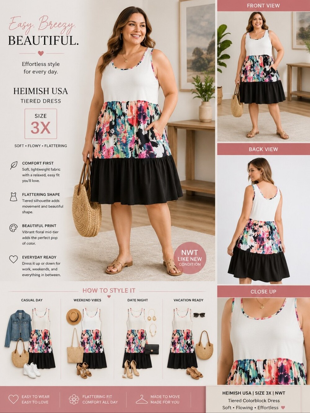 HEIMISH USA White Bodice Floral Tiered Dress with Black Hem - NWT - 3X